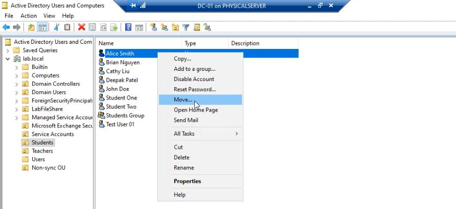 Right-click context menu on jdoe in ADUC with the Move action highlighted, the entry point for relocating the user out of the synced scope