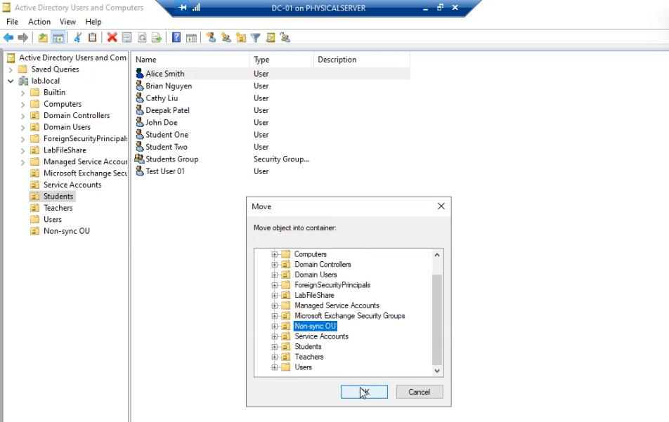 ADUC after the move with jdoe now visible in the Non-Sync OU and absent from the Employees OU