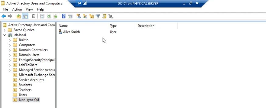 OU filter scope diagram clarifying that EC only syncs users whose AD location is within ticked OUs; non-Sync OU is unticked, so users there are invisible to EC