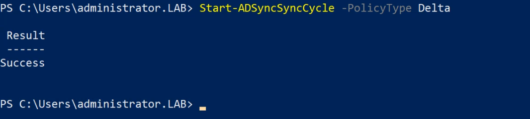 PowerShell output confirming the Delta sync started successfully