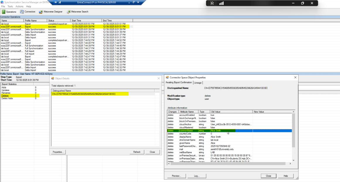 Same Operations view detail showing jdoe DN in the Deletes list, confirming the soft-delete on the cloud side