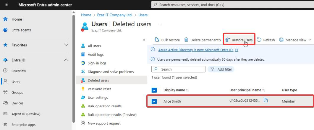 jdoe row selected in the Deleted Users page with the Restore User action highlighted in the toolbar