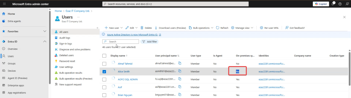 Same Active Users page zoomed in on jdoe showing all properties are now editable in the cloud admin centre - the conversion is complete
