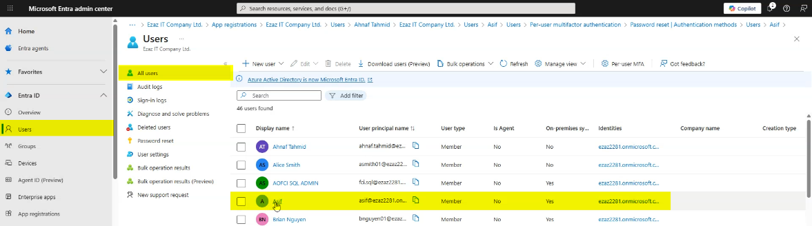 Same Active Users page zoomed in on jdoe&rsquo;s row with their UPN and display name visible, the baseline reference for what data is exposed pre-restriction