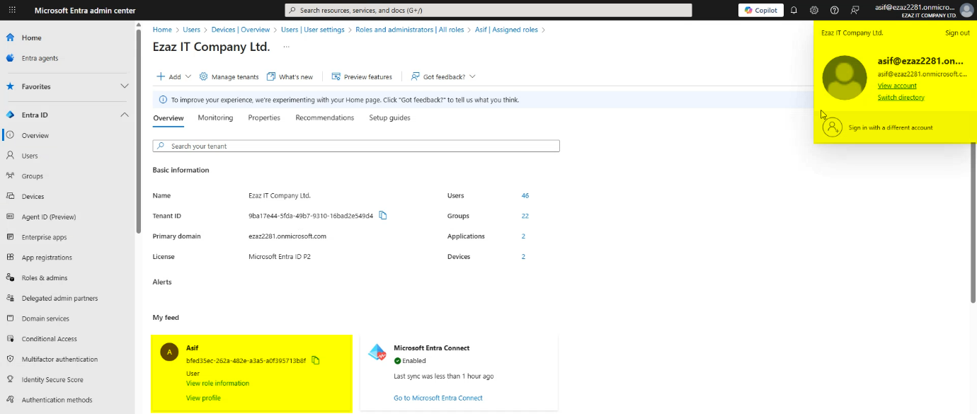 Successful sign-in for jdoe (a standard user, no admin role) landing on the Entra admin centre dashboard