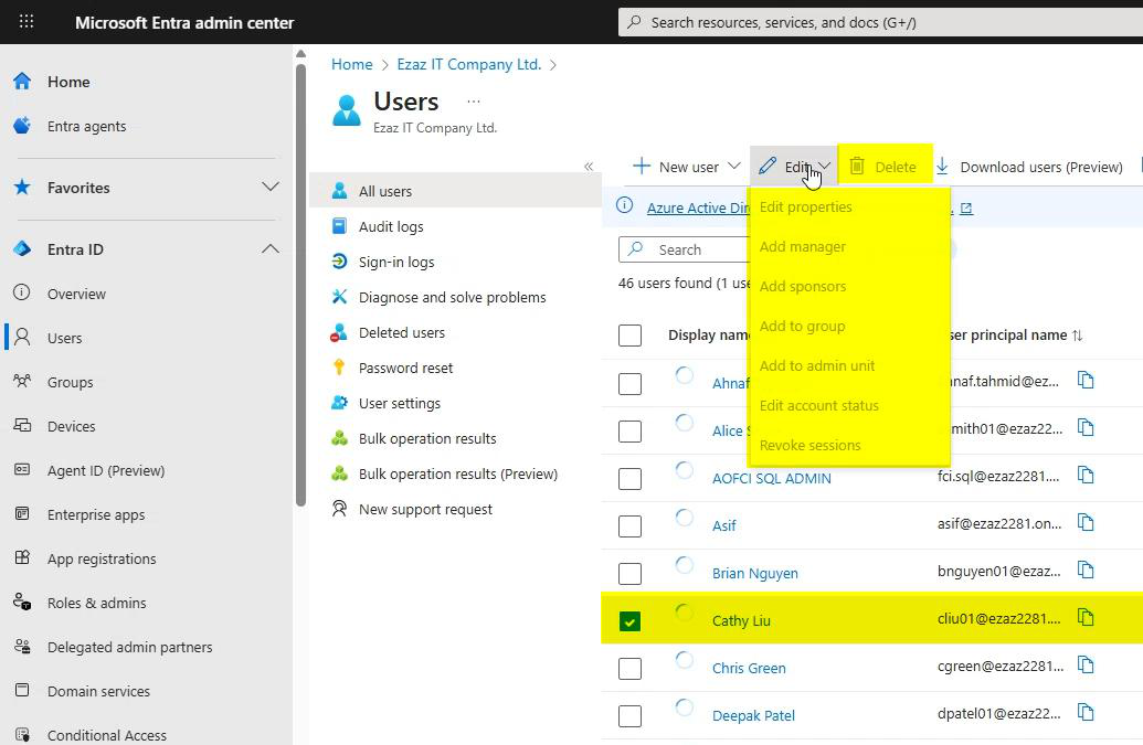 Same user list view zoomed in showing edit and delete buttons greyed out, demonstrating that read access is granted but write isn&rsquo;t