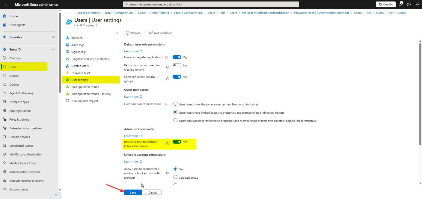 Same User settings page after the Save button is clicked showing the toggle now set to Yes, the policy is enforced tenant-wide