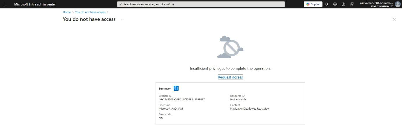 Final state confirming jdoe can no longer view directory data while the Global Administrator&rsquo;s session retains full access