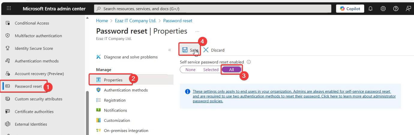 Same Password Reset Properties page after Save showing the All scope is now applied to every user in the tenant