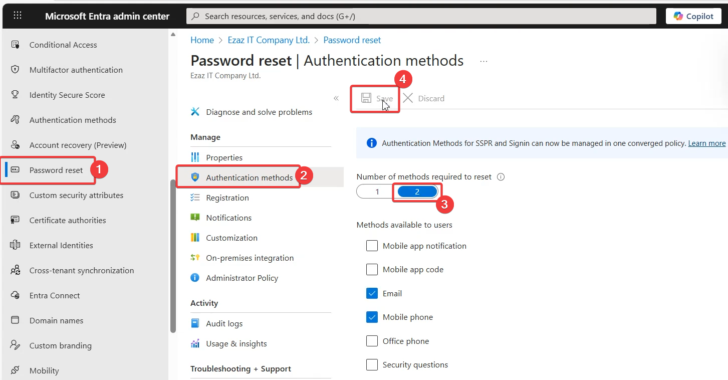 Authentication methods page with Email and Mobile phone selected as the two factors users will use to verify identity during a reset