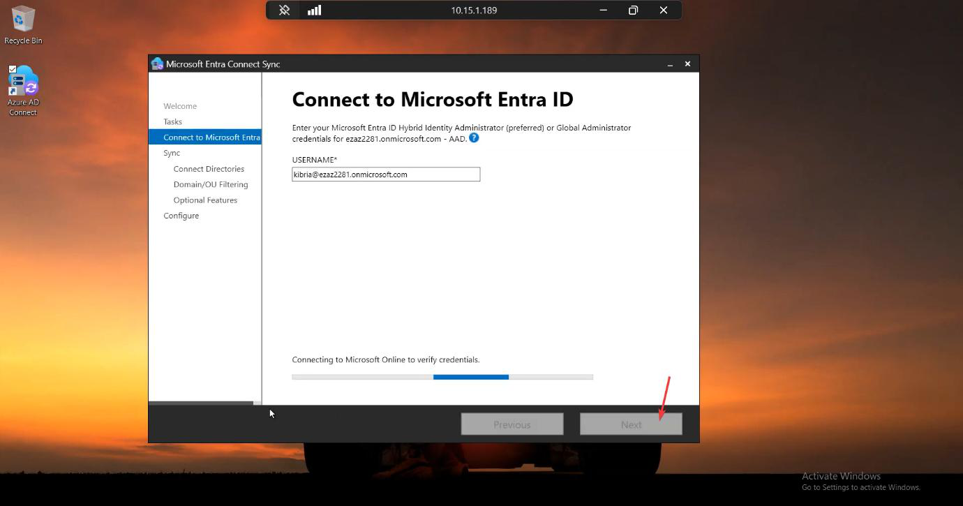 Connect Directories step of the wizard showing the existing AD forest already configured