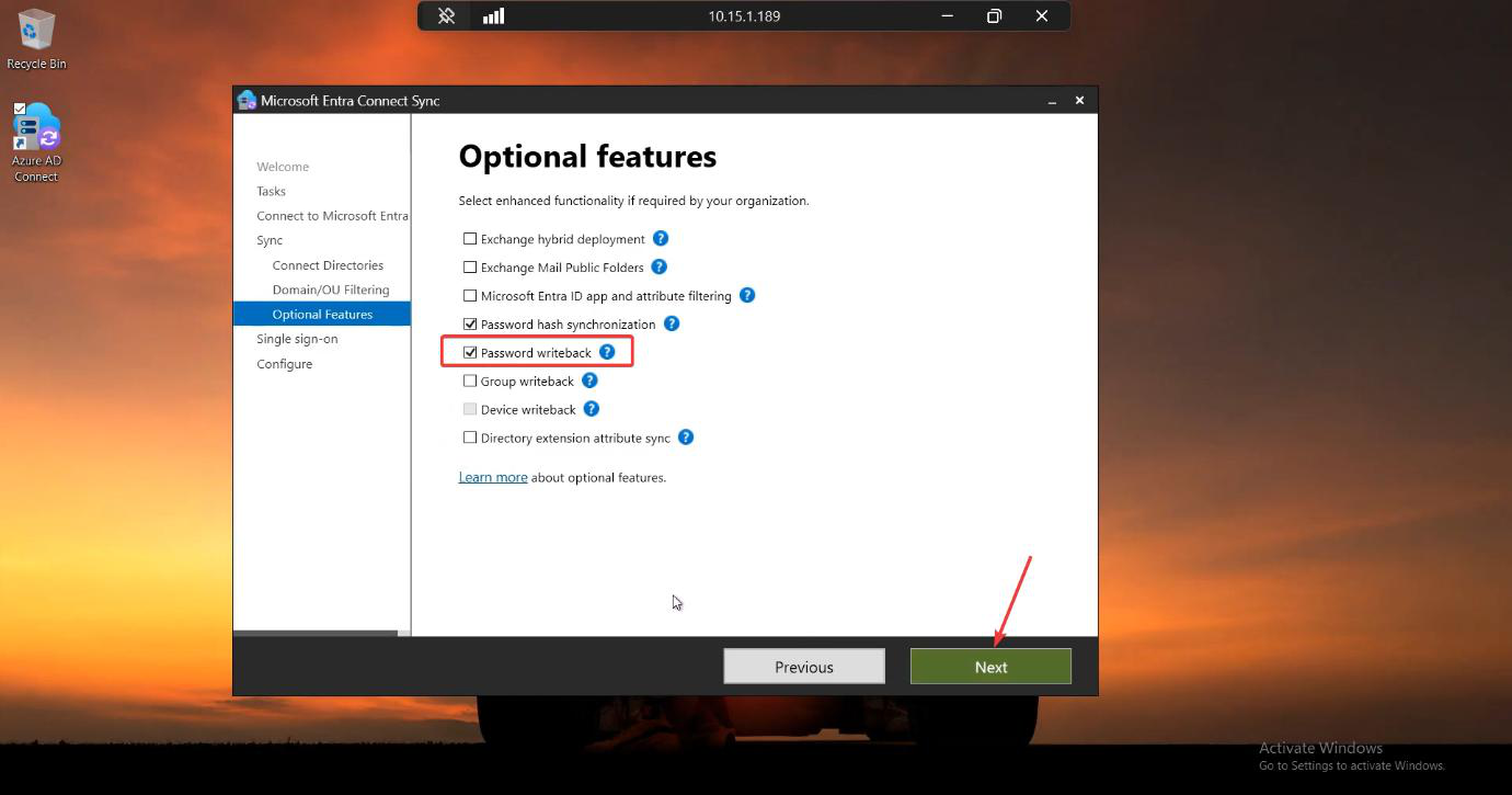 Optional Features screen with the Password writeback checkbox now ticked, the central change of this walkthrough
