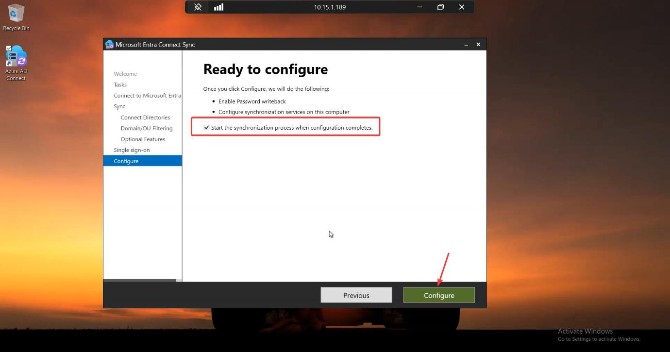 Ready to Configure summary screen confirming Password writeback will be added on the next click