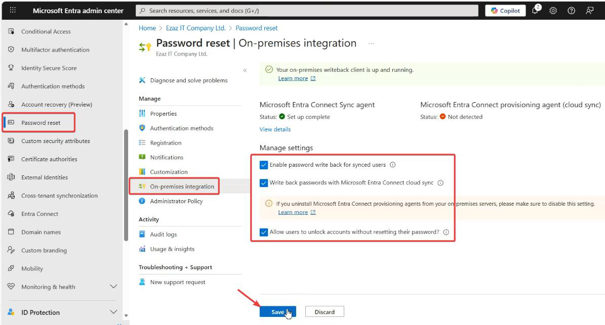 Same On-premises integration page with the Allow users to unlock accounts without resetting their password toggle also set to Yes for full coverage