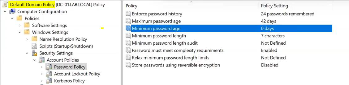 Minimum password age policy editor with the value being set to 0 days, removing the cooldown that would otherwise reject SSPR resets