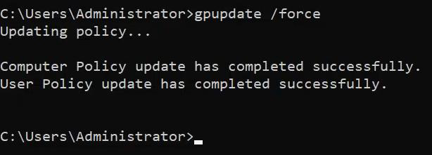 Successful gpupdate output confirming Computer Policy and User Policy update completed successfully