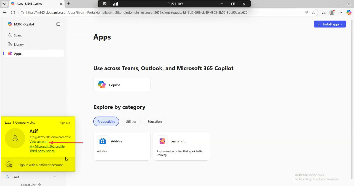 Office portal landing page after a successful sign-in with the user&rsquo;s avatar in the top-right corner