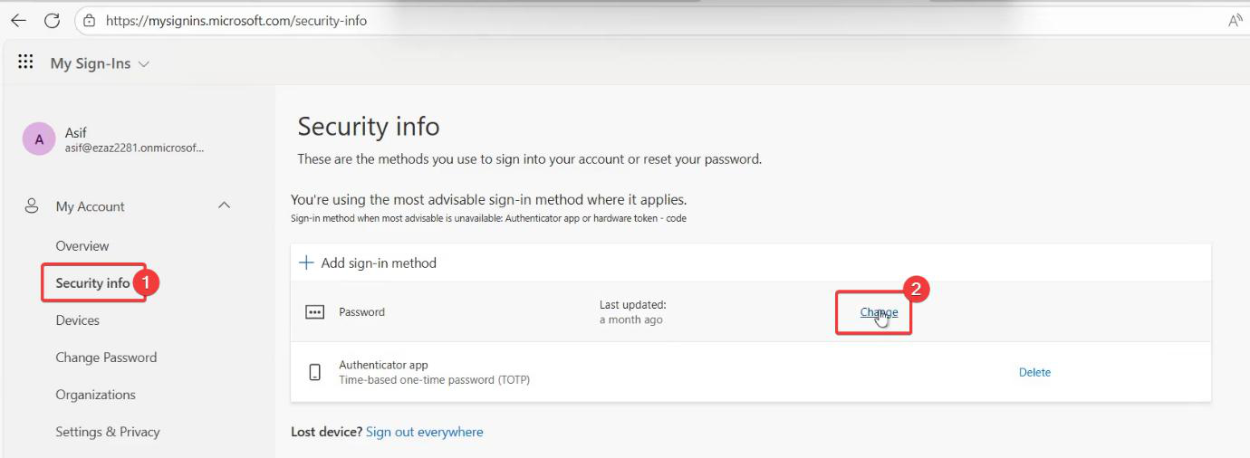 Security info or Password section of the My Account page with the Change Password link visible