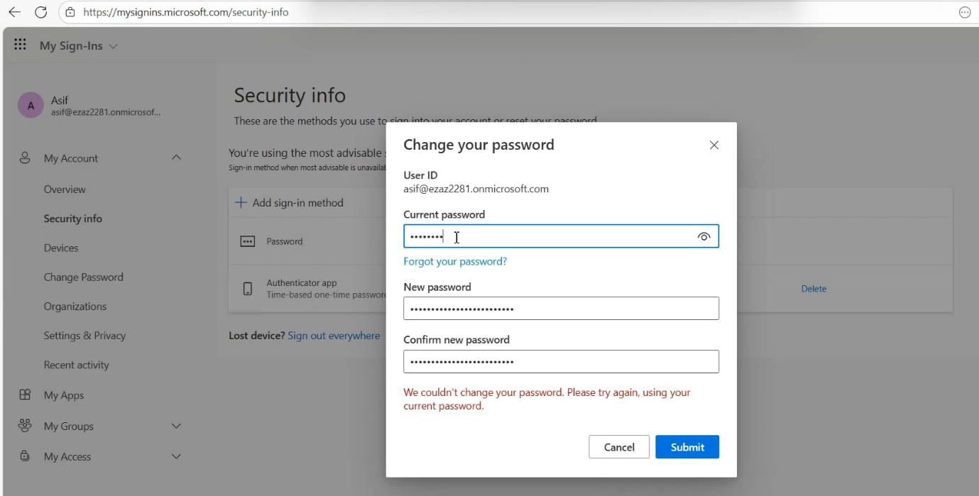 Submit button being clicked to send the new password to the cloud