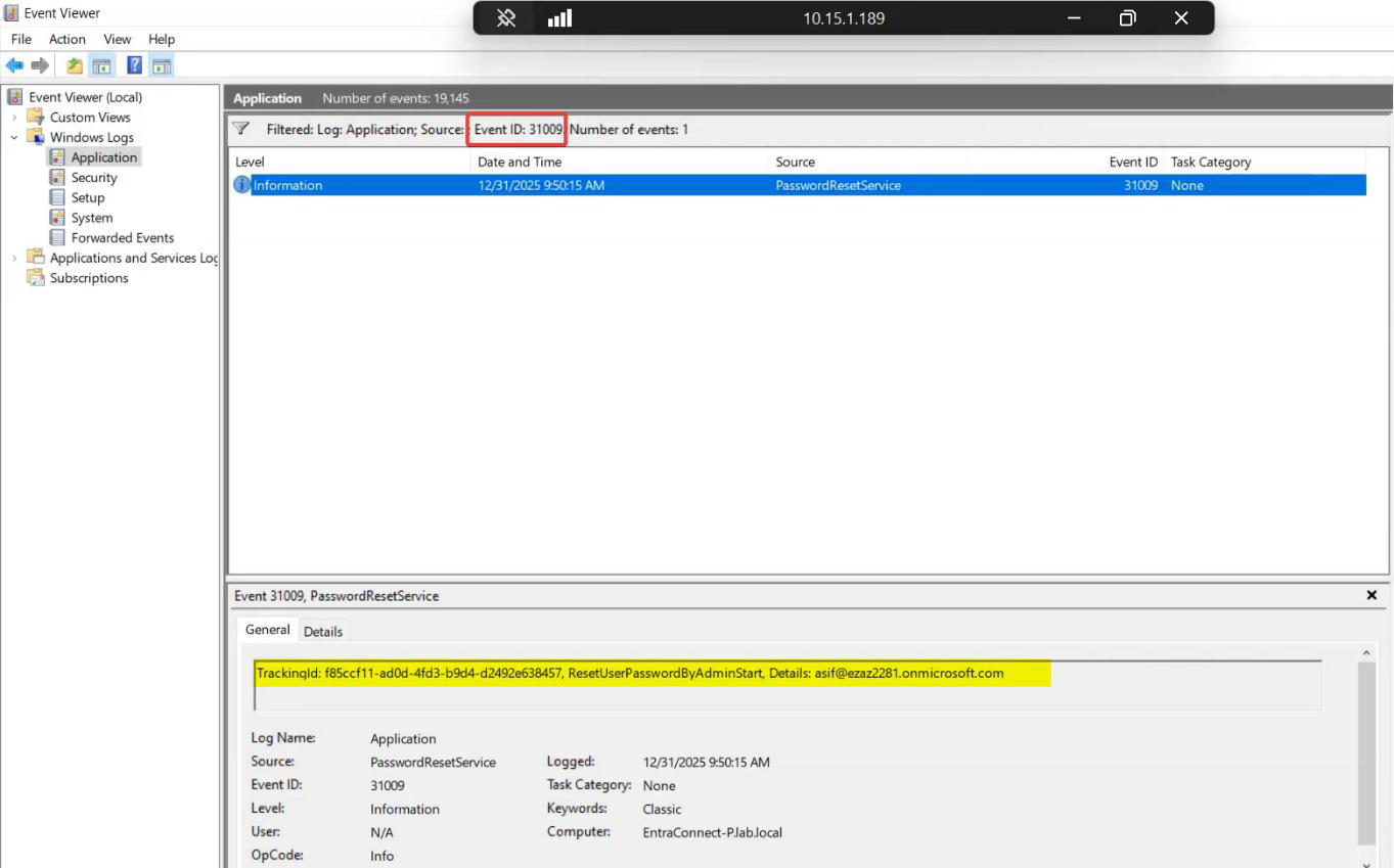 Detail of an Event ID 31009 or 31010 success entry confirming the cloud-to-AD password sync round trip succeeded