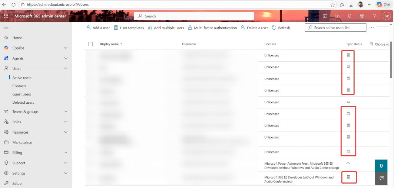 Microsoft 365 admin centre Active Users page with the Sync status column visible showing a mix of Cloud-only icons and Synced-from-on-premises icons