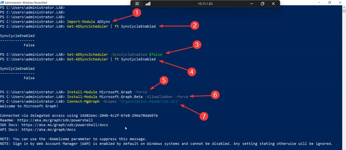 PowerShell ISE on the Entra Connect server running the seven-command bootstrap: Import-Module ADSync, Get-ADSyncScheduler, Set-ADSyncScheduler with SyncCycleEnabled false, Install-Module Microsoft.Graph and Beta, Connect-MgGraph with Organization.ReadWrite.All scope