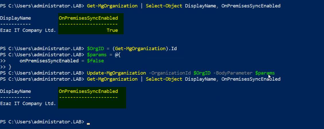 PowerShell Update-MgOrganization command being executed with onPremisesSyncEnabled set to false, the cloud-side disable directive