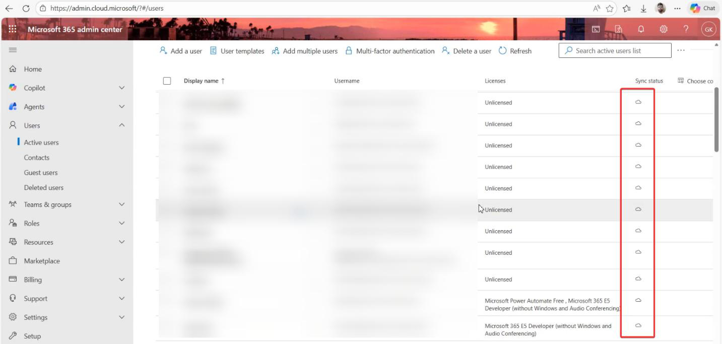 Microsoft 365 admin centre Active Users page after the change with all users now showing the Cloud-only icon in the Sync status column, the sync indicator gone