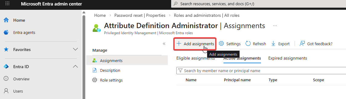 Role detail page with + Add assignments button highlighted at the top, the entry point for adding users to this role