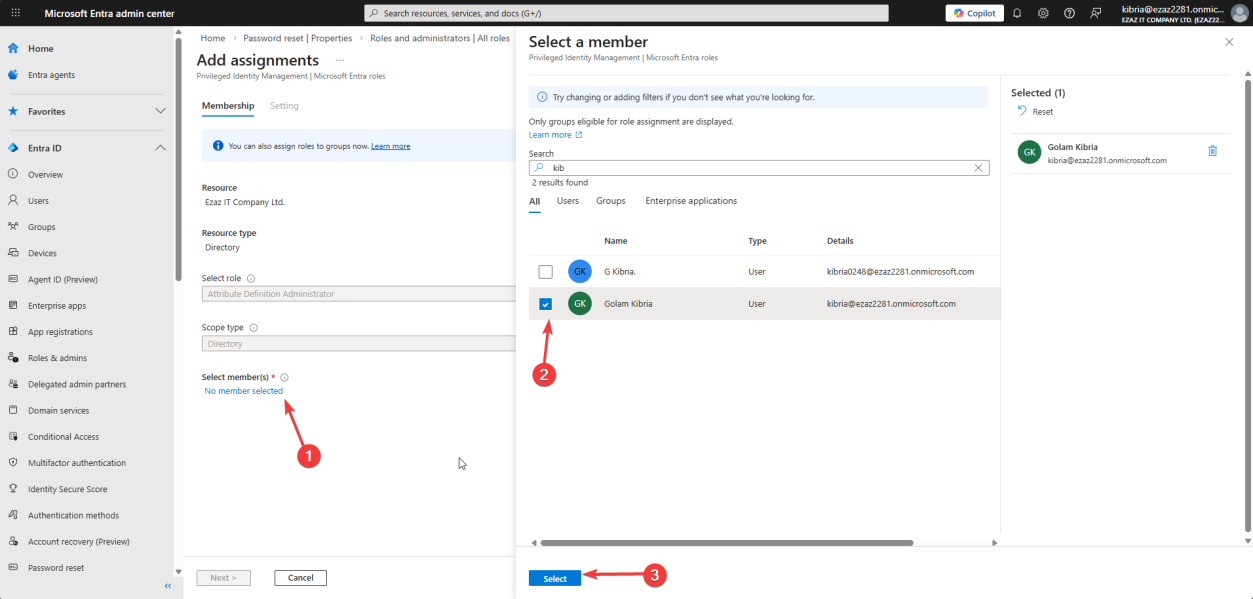 Add assignments wizard Membership tab with No member selected link being clicked to open the user picker