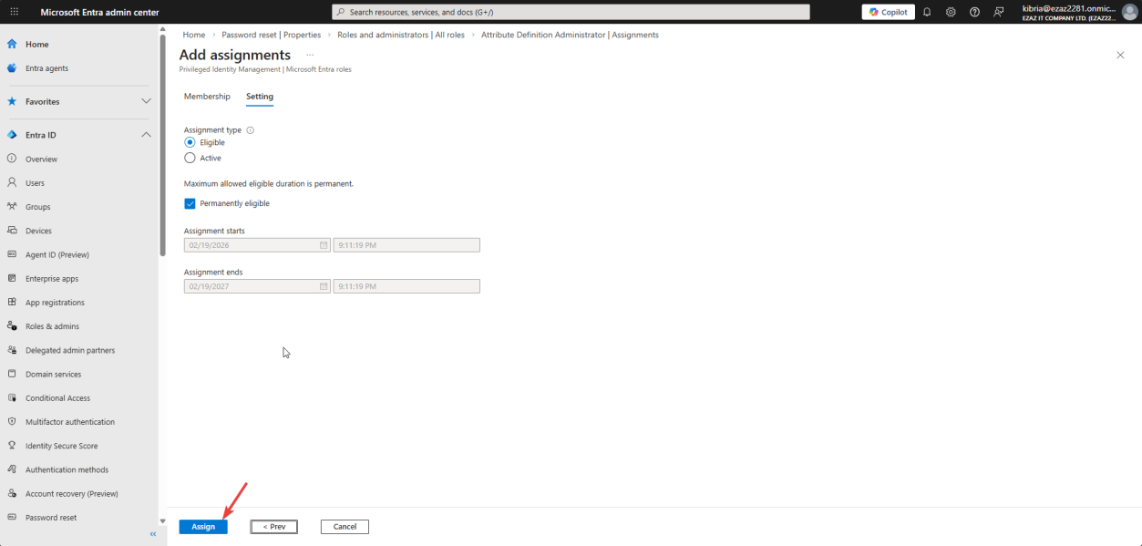 Settings tab of the Add assignments wizard with default Eligible option visible and Permanently eligible checkbox visible