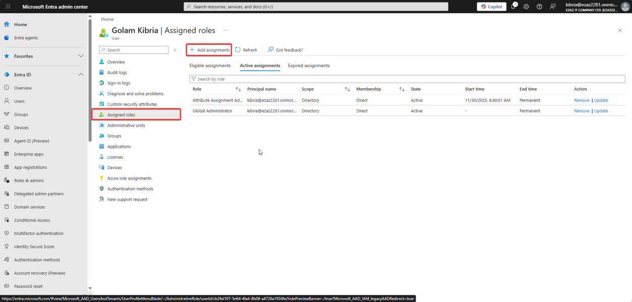 Users > All users > jdoe profile page with Assigned roles selected in the left navigation, the Method 2 entry for adding roles from the user perspective” /><figcaption>Method 2: Users > All users > jdoe > <strong>Assigned roles</strong> in left nav > + Add assignments.</figcaption></figure>
<p>Users > All users > click jdoe > left nav <strong>Assigned roles</strong> > + Add assignments.</p>
<figure class=