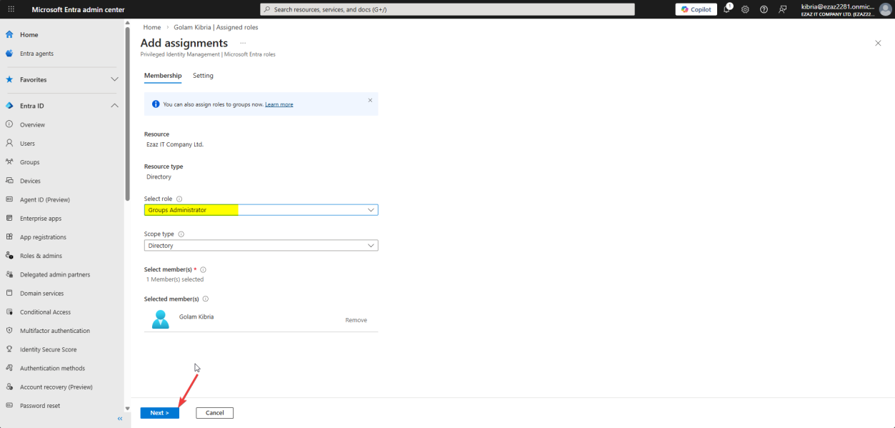 Add role panel sliding out from Assigned roles with role checkboxes available for selection