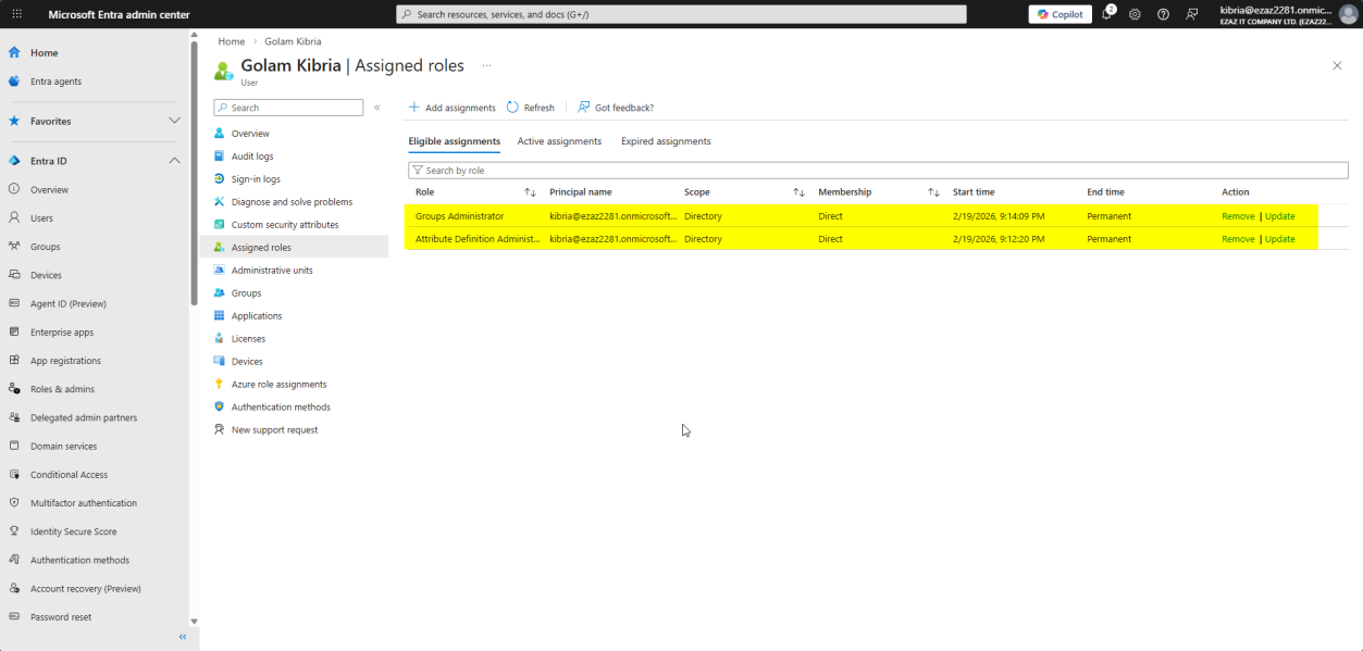 Final verification on jdoe&rsquo;s Assigned roles page showing both roles assigned via Method 1 and Method 2 listed together