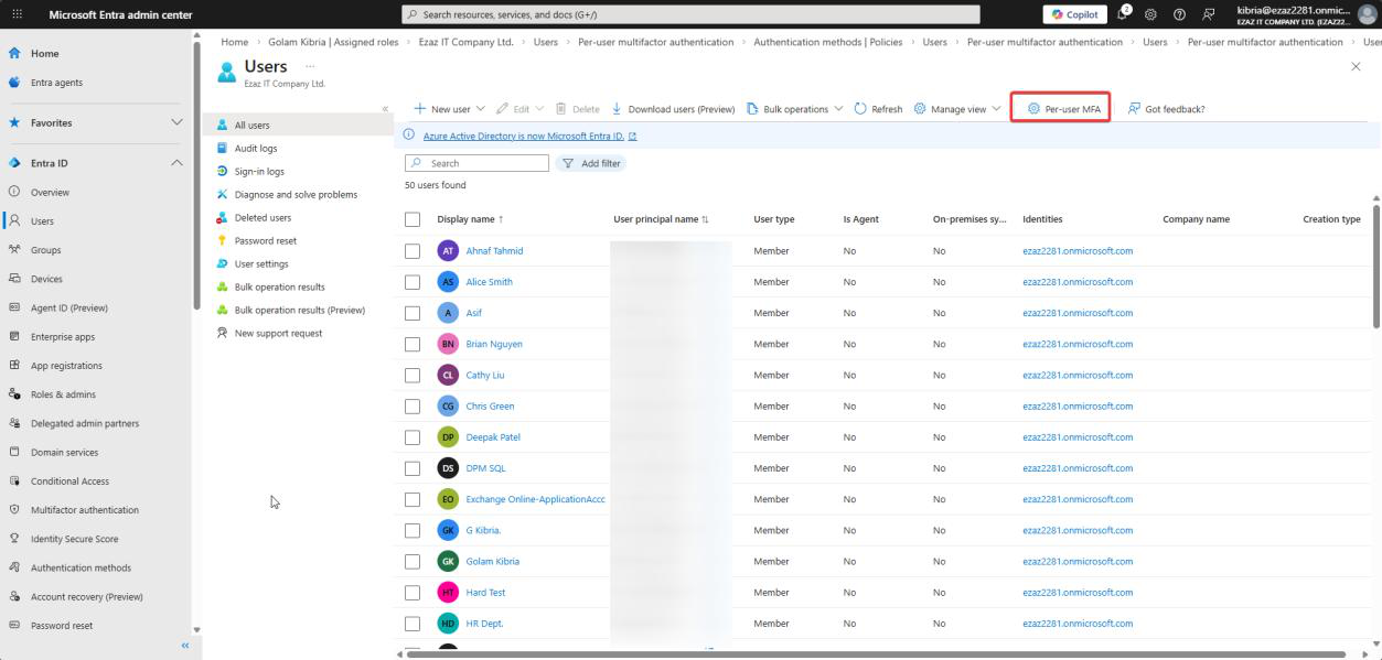 Microsoft Entra admin centre Users > All users page with Per-user MFA option in the top toolbar that opens the legacy multi-factor authentication portal” /><figcaption>Sign in to <a href=