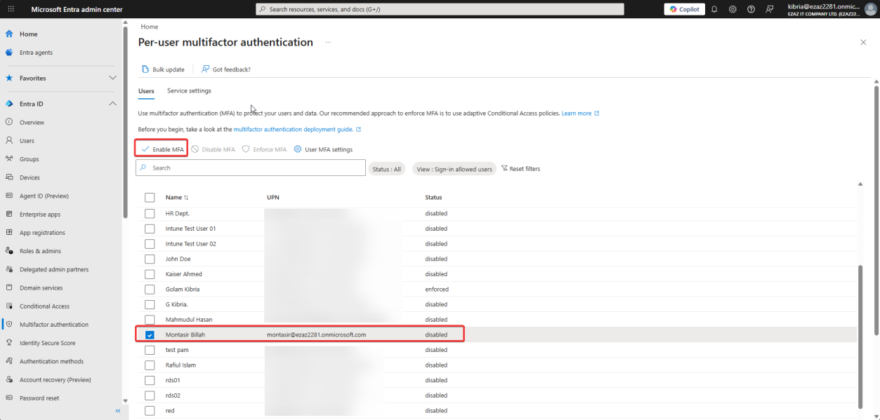 Legacy MFA portal showing the user list with the test user (jdoe) ticked and the Enable button being clicked