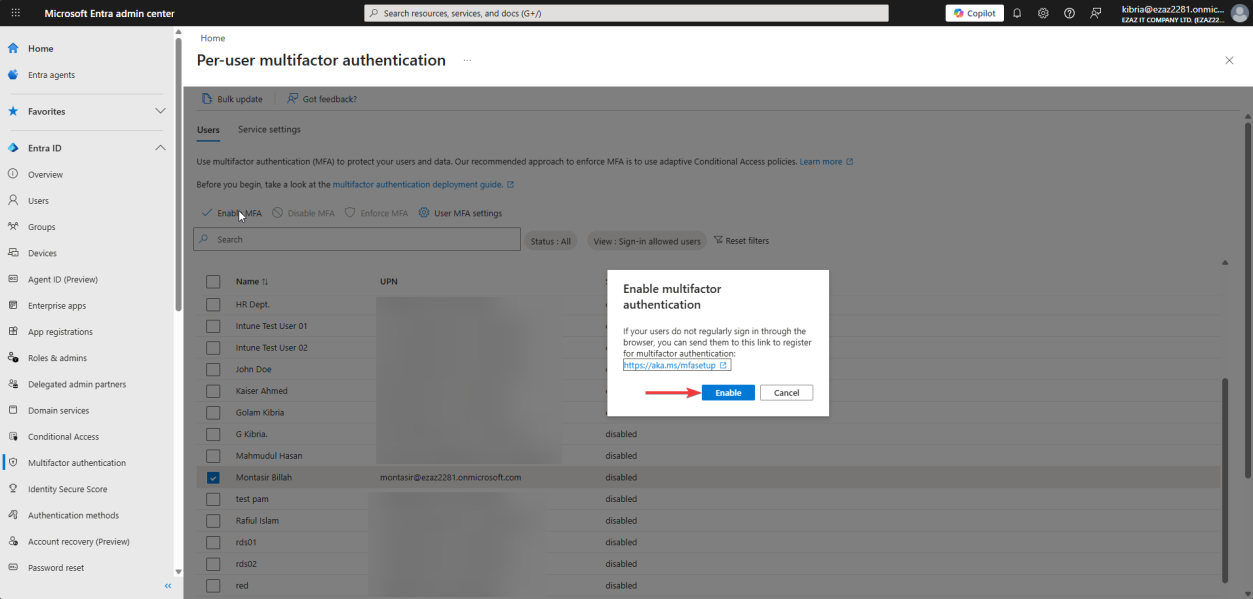Confirmation popup with enable multi-factor auth button visible to commit the change moving status from Disabled to Enabled