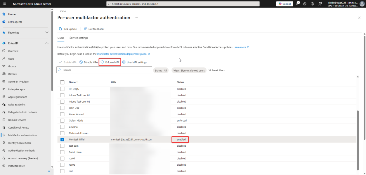 MFA portal with the same user still ticked and the Enforce button being clicked to move the user to Enforced state