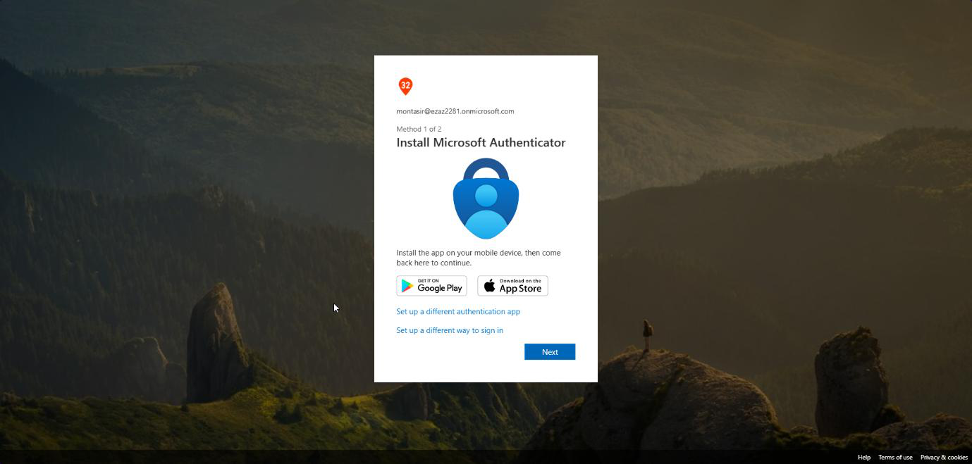 Authenticator app setup screen prompting the user to register the Microsoft Authenticator app as their default MFA method