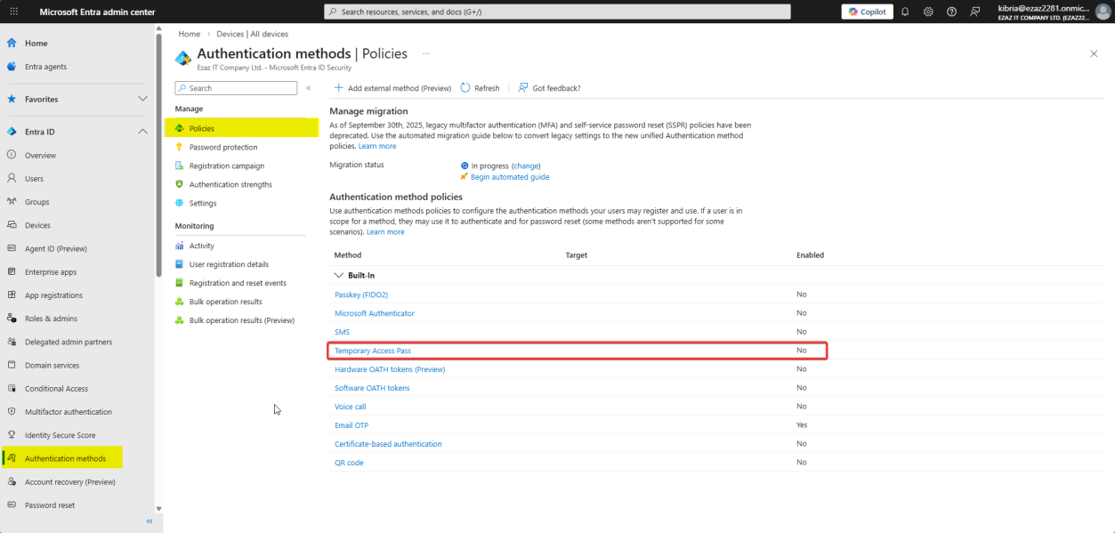 Entra admin centre Authentication methods > Policies page with Temporary Access Pass selected from the list of methods” /><figcaption>Phase 1: <a href=