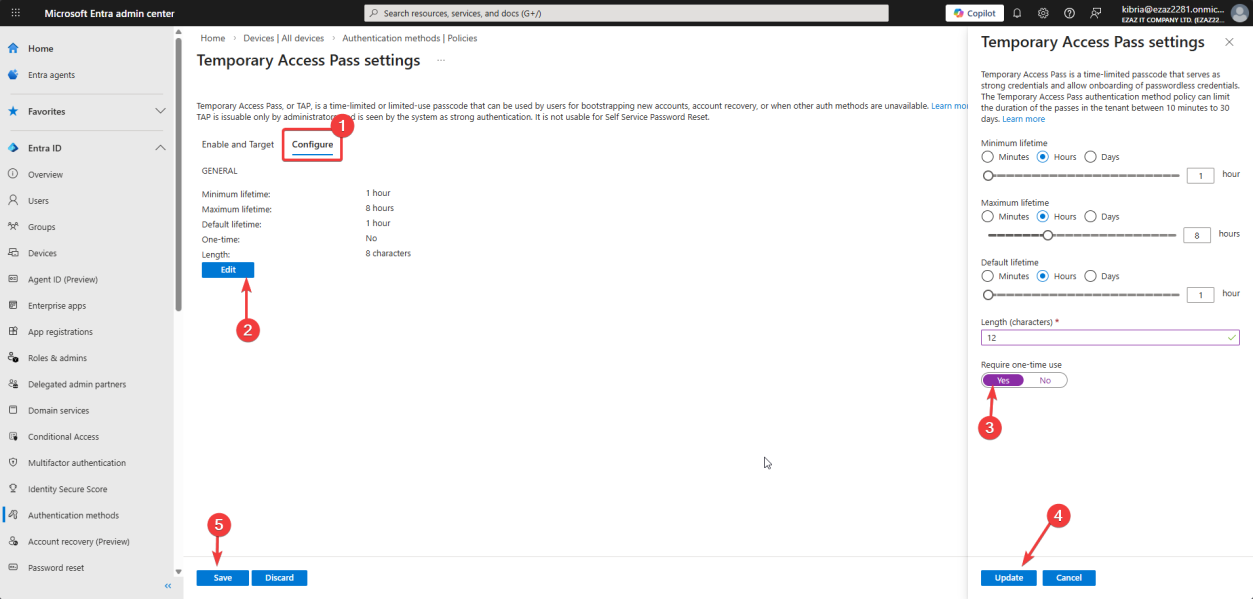 TAP Configure tab with Edit dialog showing length, lifetime, one-time use settings, ready to Update and Save