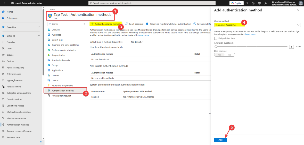 Users > jdoe > Authentication methods page with Add authentication method dropdown showing Temporary Access Pass option” /><figcaption>Phase 2: Users > All users > jdoe > <strong>Authentication methods</strong> > + Add authentication method > <strong>Temporary Access Pass</strong>. Optional: delayed start time. Add.</figcaption></figure>
<p>Users > All users > click the user (jdoe) > <strong>Authentication methods</strong>.</p>
<p>+ Add authentication method > <strong>Temporary Access Pass</strong>. Optional: delayed start time (generate Friday for a Monday onboarding). Click Add.</p>
<figure class=