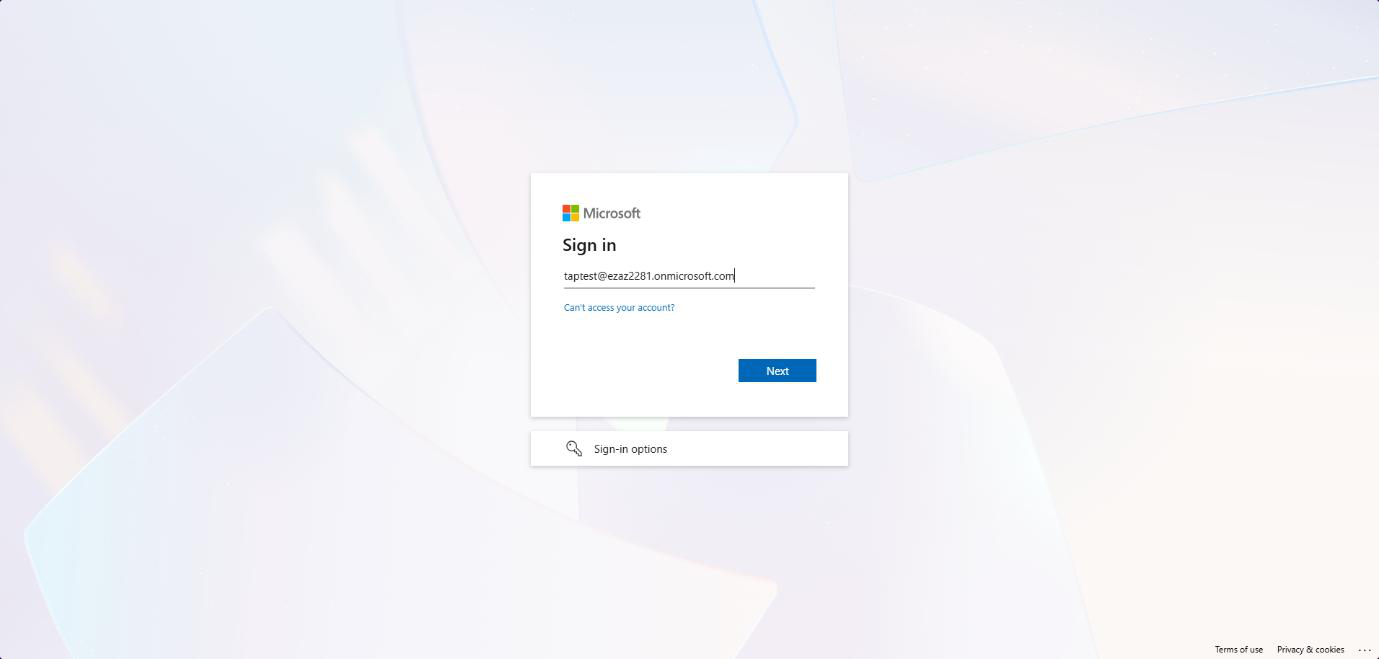 Incognito browser at aka.ms/mysecurityinfo with the test user UPN being entered as the username