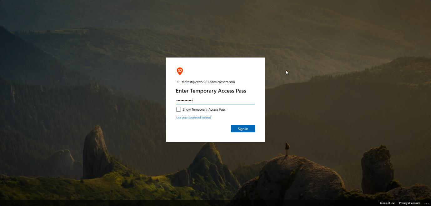 Sign-in flow showing Temporary Access Pass prompt instead of password, with the copied TAP passcode being pasted