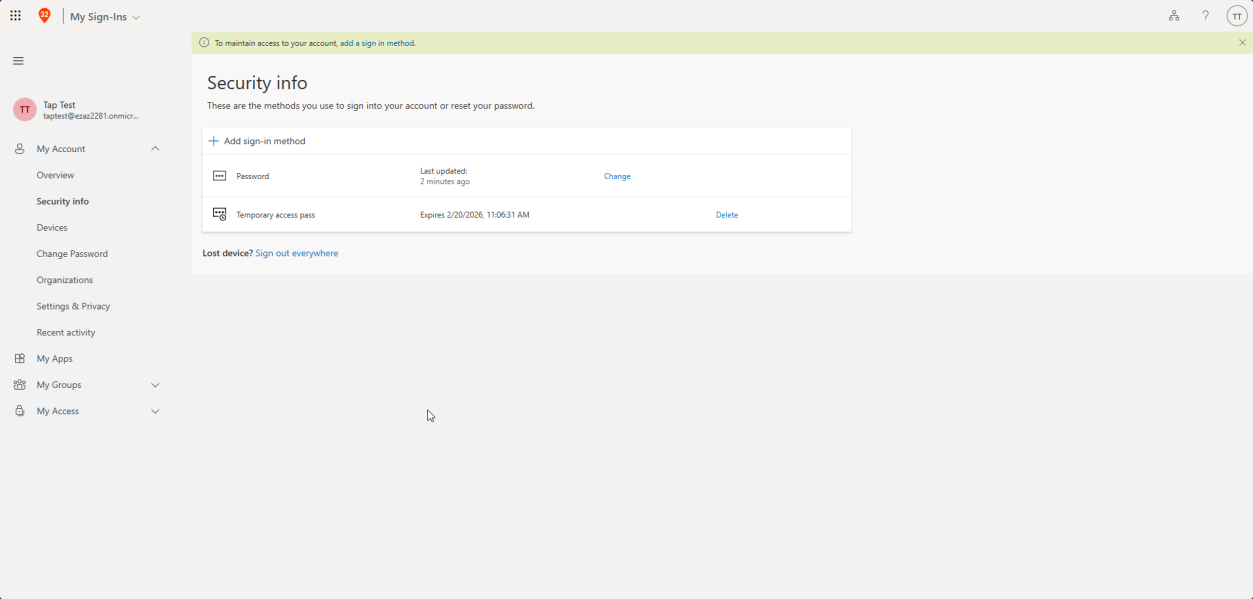 Successful sign-in landing on My Sign-Ins page where the user can register a permanent passwordless method