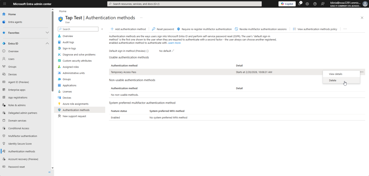 Authentication methods page with the active TAP listed and the three-dot menu open with Delete option to revoke after registration completes