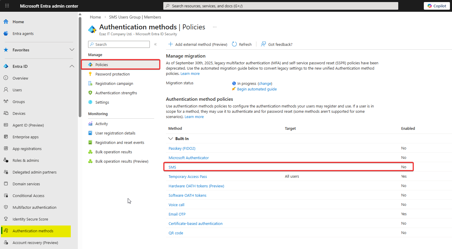 Entra admin centre Authentication methods Policies page with SMS selected from the list of methods