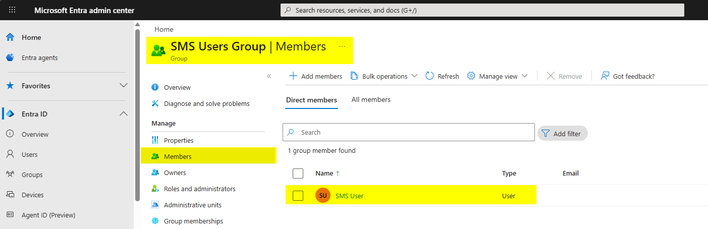 SMS policy enable toggle being turned on with All users selected as the target scope