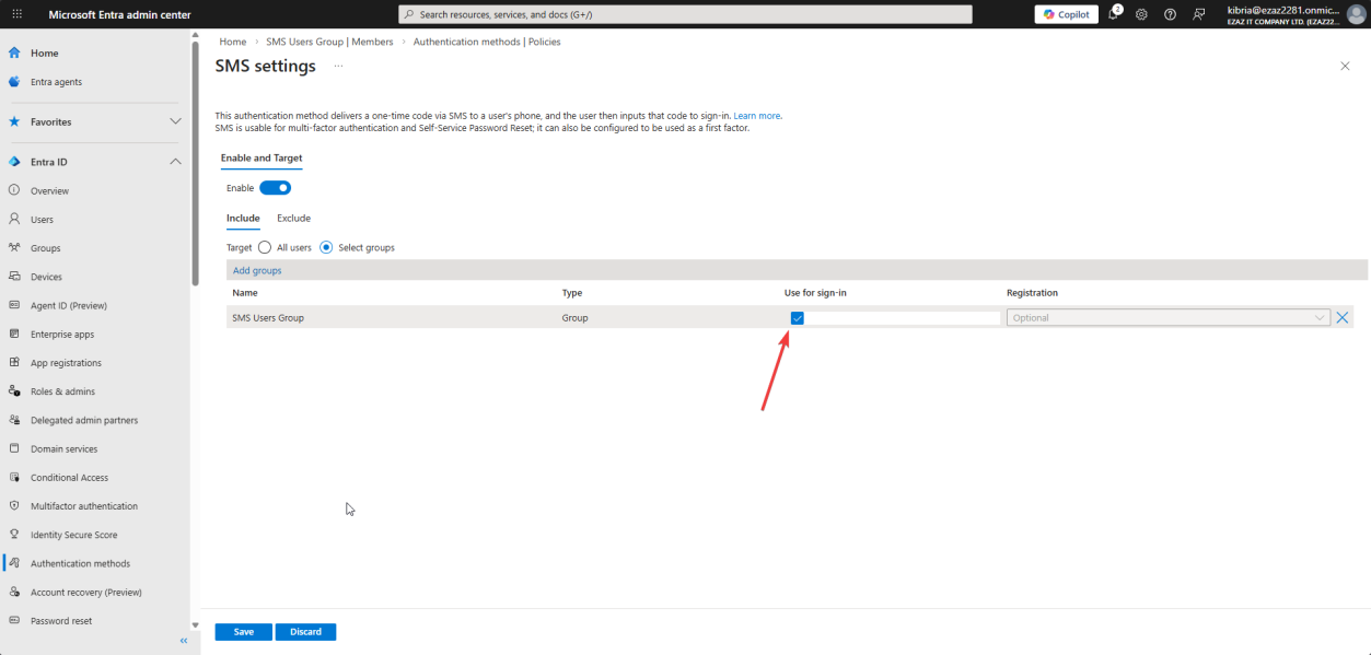 SMS policy Configure tab with Use for sign-in checkbox ticked and Save button visible at the bottom
