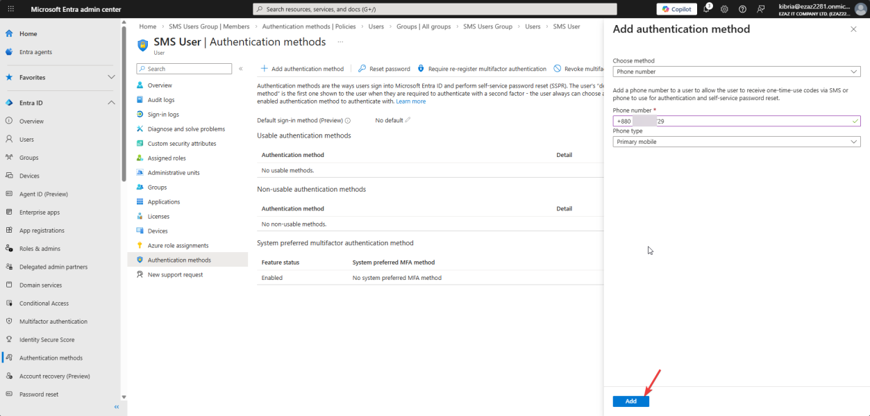 Users smsuser Authentication methods page with Add authentication method dropdown showing Phone number option selected